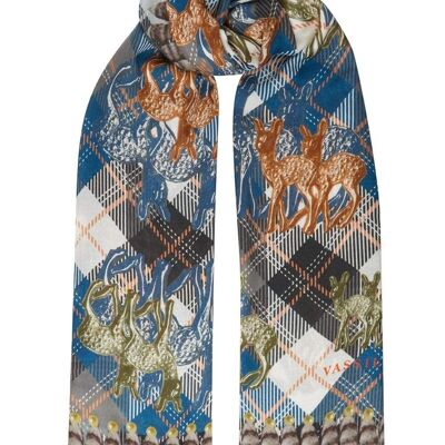 VASSILISA Scarf in Blue, Gold and White: Chequered Bambi Print, XL