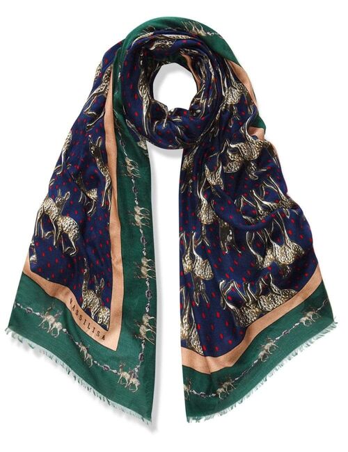 VASSILISA Scarf in Blue and Green: Bambi Print with Dots, XL