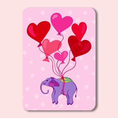 Postal de elefante con globos de corazón