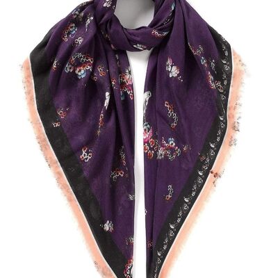 VASSILISA Scarf in Purple Colour: Floral and Birds Print
