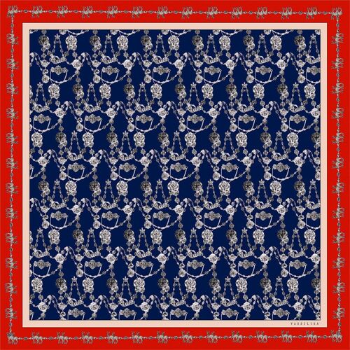 VASSILISA Scarf in Prussian Blue and Red Colours: Chain Print