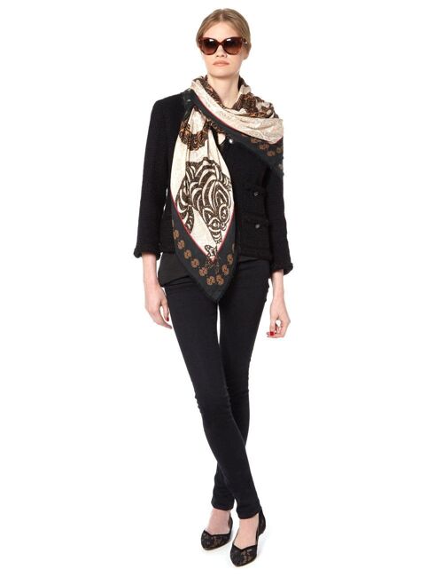 VASSILISA Scarf in Beige and Black Colour: Graphic Cat and Butterflies Print