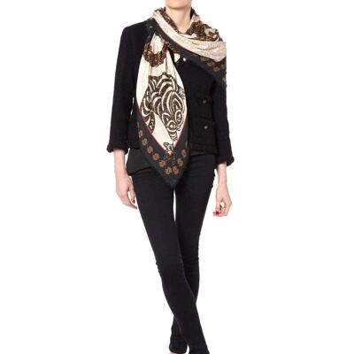 VASSILISA Scarf in Beige and Black Colour: Graphic Cat and Butterflies Print