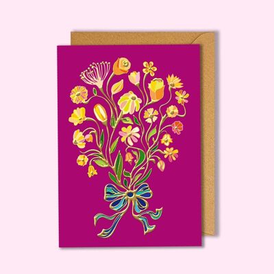 Carte postale florale violette en feuille d'or