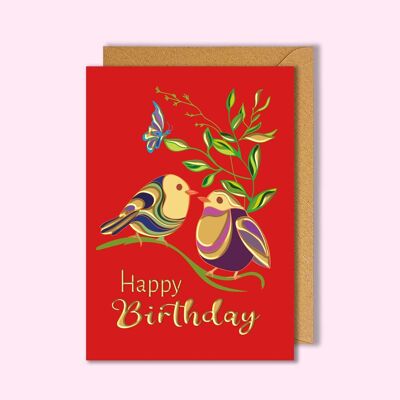 Birds Birthday Gold Foil Postcard