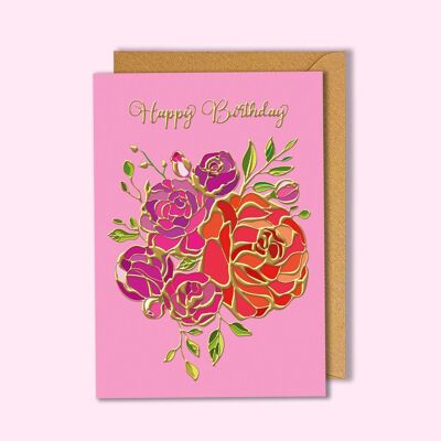 Cartolina di compleanno con rose in lamina d'oro