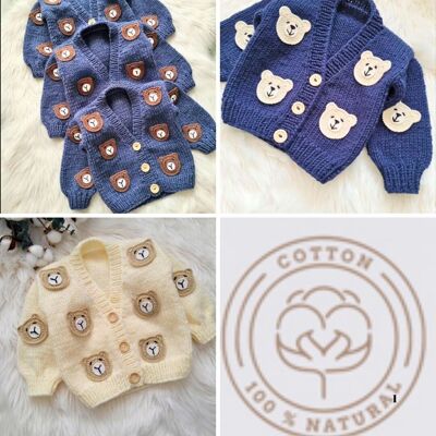 Cardigan corto lavorato a mano con tema orso 3D vintage per bambino