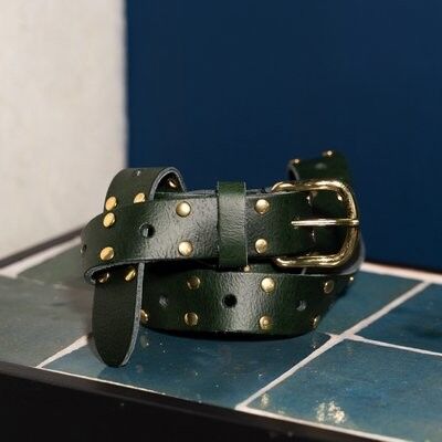 Leather belt long dark green