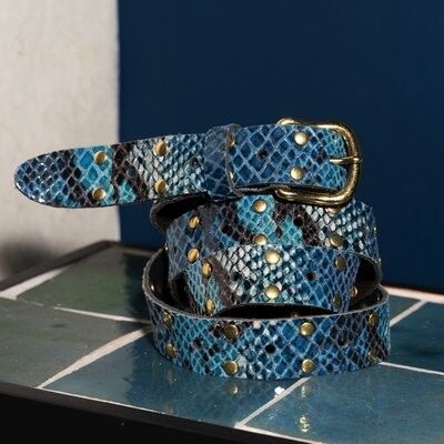 Leather belt long snake blue