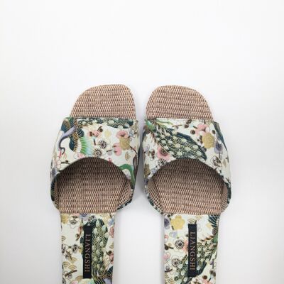 Pantofole da donna con gru ricamate - Ciabatte da interno con suola in bambù intrecciata e punta aperta (taglie UE 36-41) - Verde