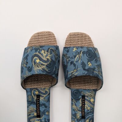 Men’s Dragon Embroidered Slippers – Blue Indoor Slides with Woven Sole and Open-toe (EU Sizes 40–45)