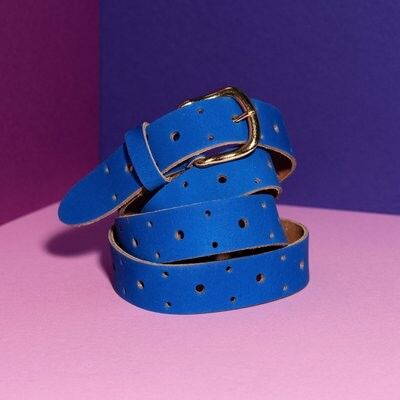 Leather belt long cobalt blue