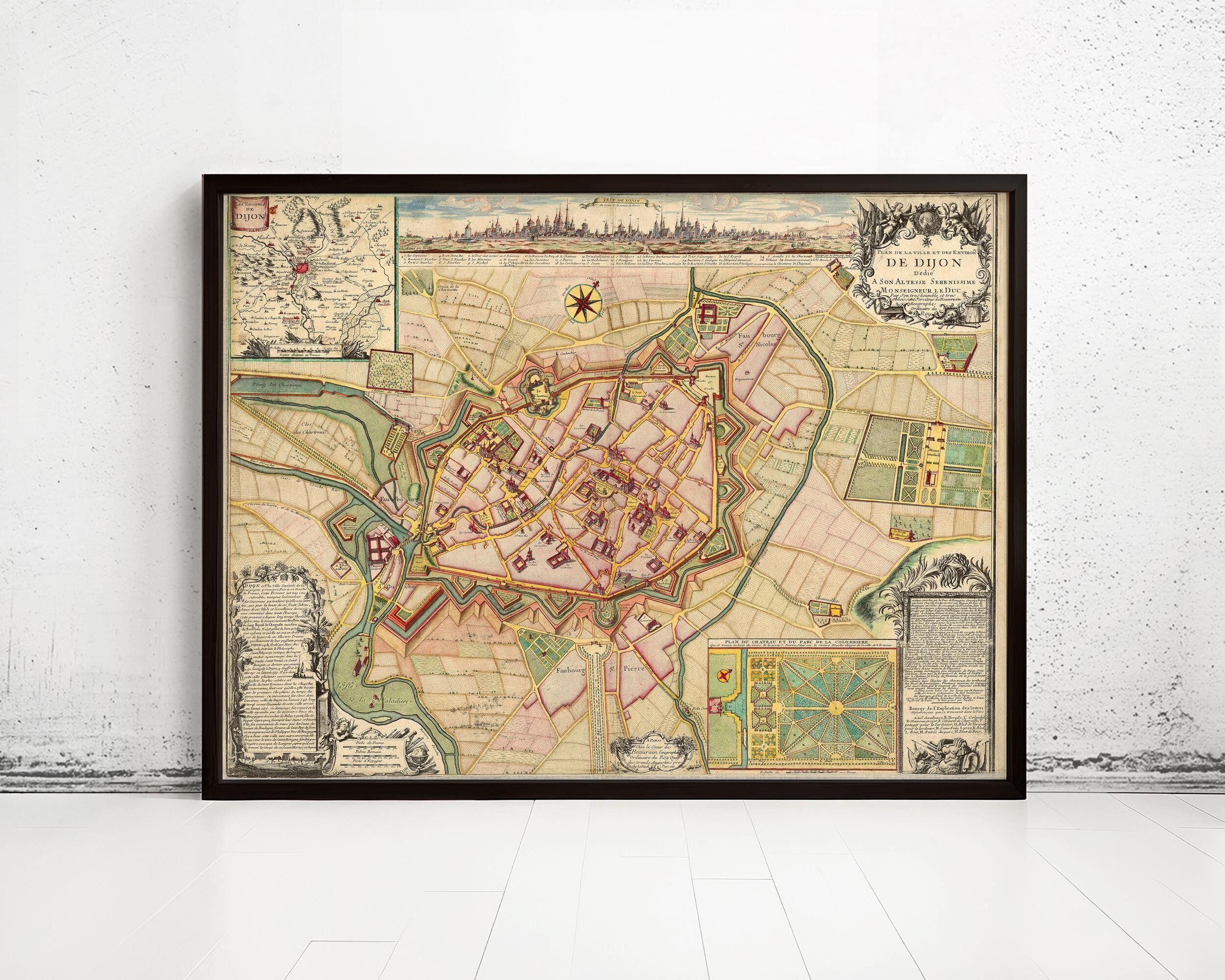 Old Map of Dijon 1730 France Vintage Map | Vintage Map Wall Art Print
