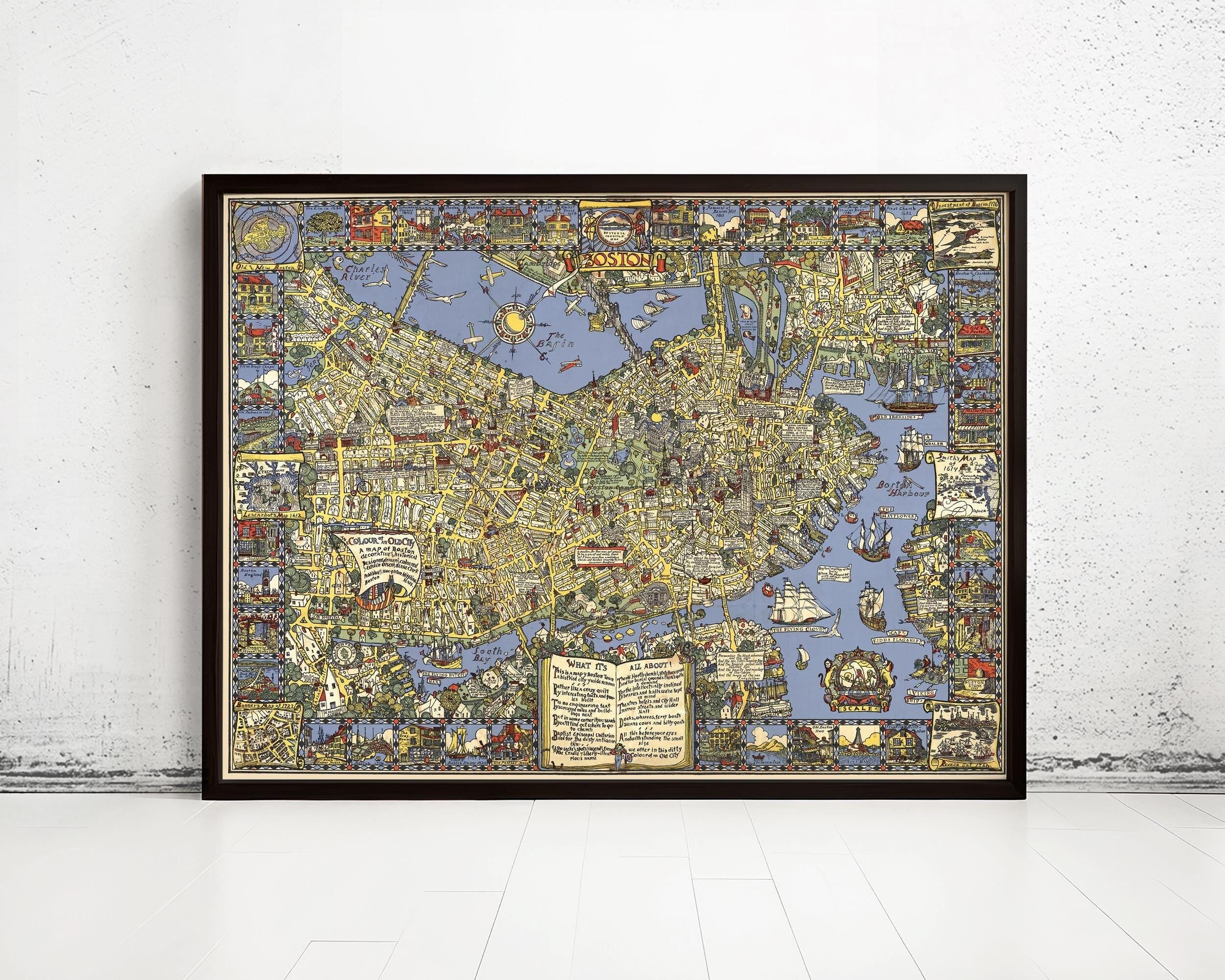 Old Map of Boston 1926 Massachusetts Pictorial map | Vintage Map Wall Art Print