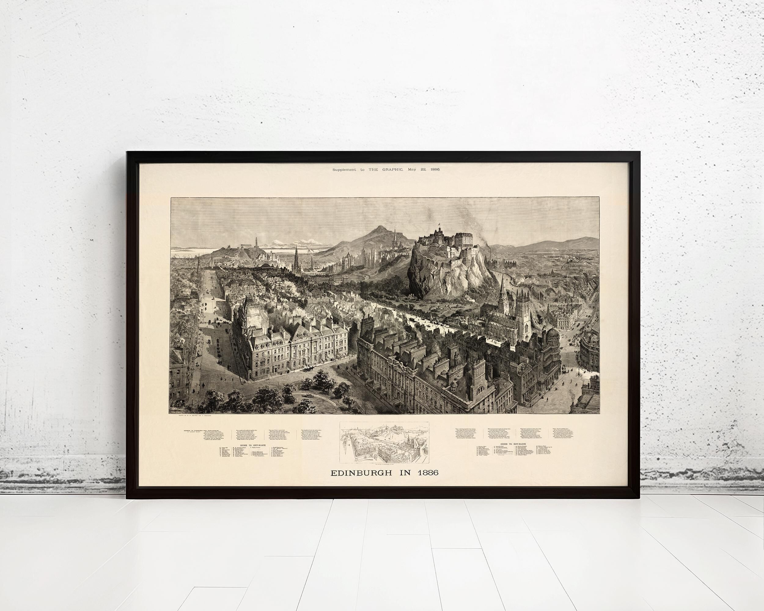 Marvellous Edinburgh Vintage Panoramic View in 1886 Edinbourg Scotland | Vintage Map Wall Art Print | Large Map Print