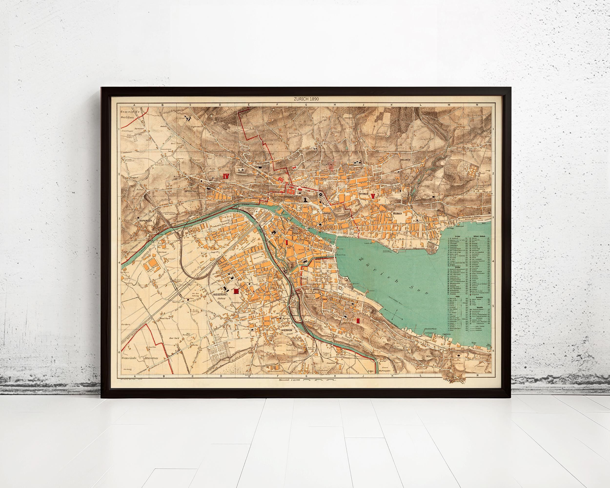 Old Map of Zurich Switzerland 1890 Vintage Map | Vintage Map Wall Art Print