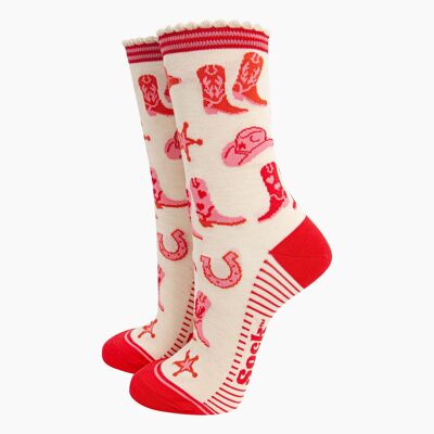 Calcetines de bambú para mujer, color crema, vaquera occidental