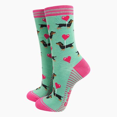 Chaussettes en bambou pour femmes - Menthe, ballon en forme de cœur et d'amour en forme de chien teckel