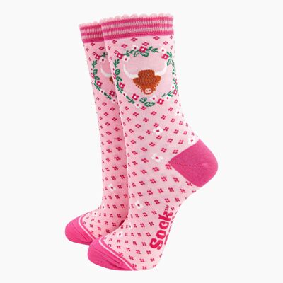 Women's Bamboo Socks - Pink, Highland Cow Wreath