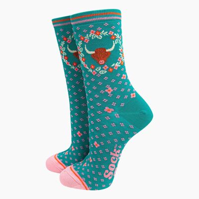 Women's Bamboo Socks - Teal, Highland Cow Floral Wreath