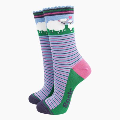 Women's Bamboo Socks - Blue, Sheep and Lamb