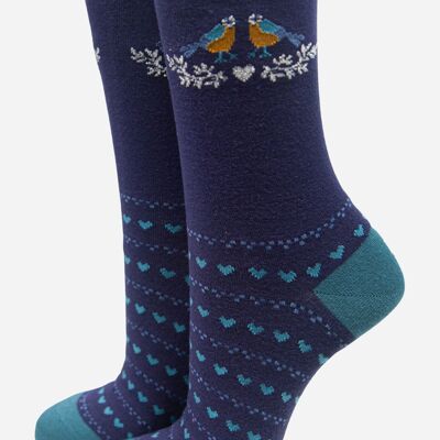 Calcetines de bambú para mujer Calcetines tobilleros con corazón de amor y estampado de pájaros azules Azul