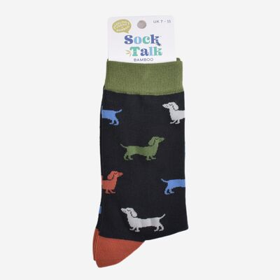 Calcetines de bambú para hombre, color negro y verde, diseño de perro salchicha