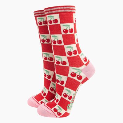 Calzini da donna in bambù - Crema/Rosso, Quadrati di Ciliegie