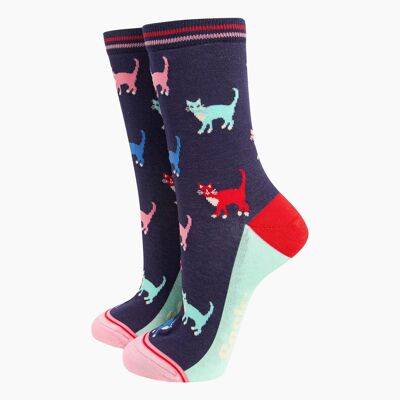 Calcetines de bambú para mujer, azul marino y multicolor, gatos