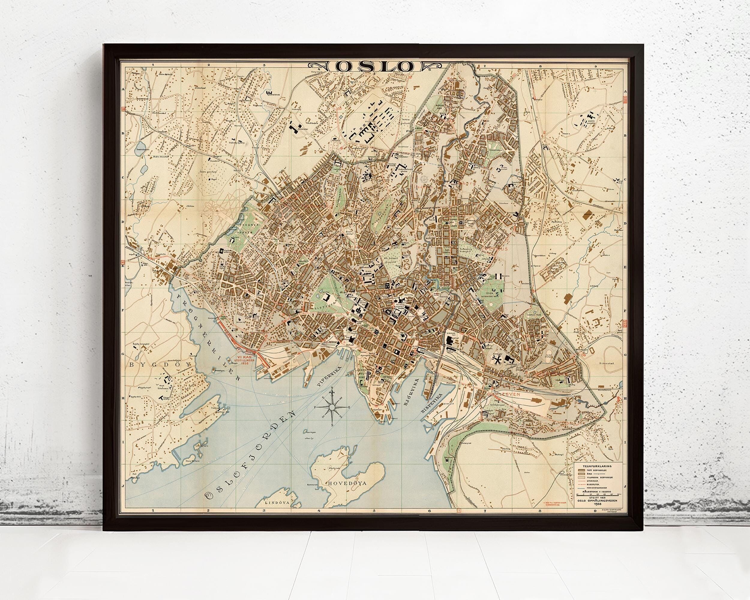Old Map of Oslo Norway 1938 Antique Oslo Map | Vintage Map Wall Art Print