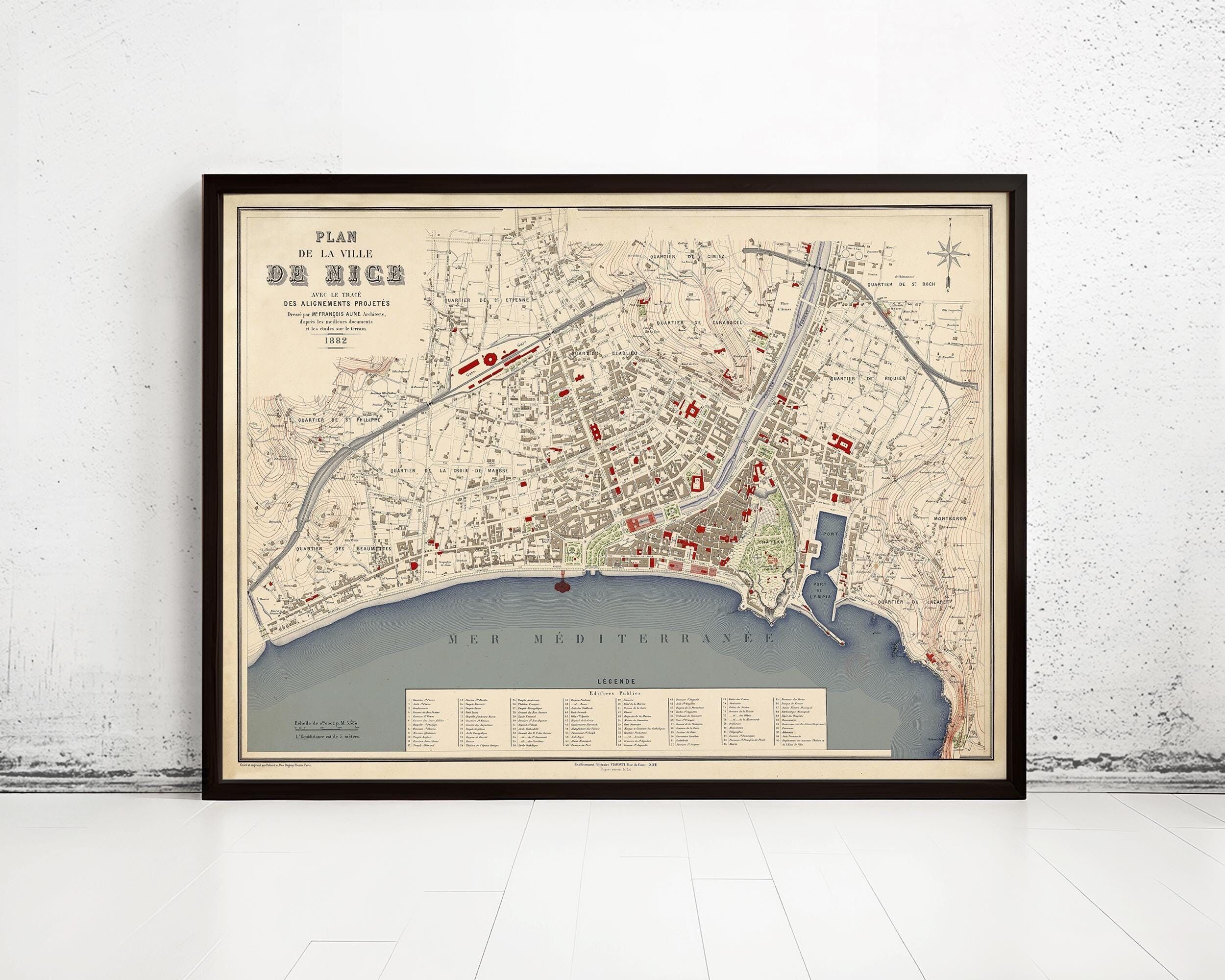 Old Map of Nice France 1882 Vintage Map  | Vintage Map Wall Art Print
