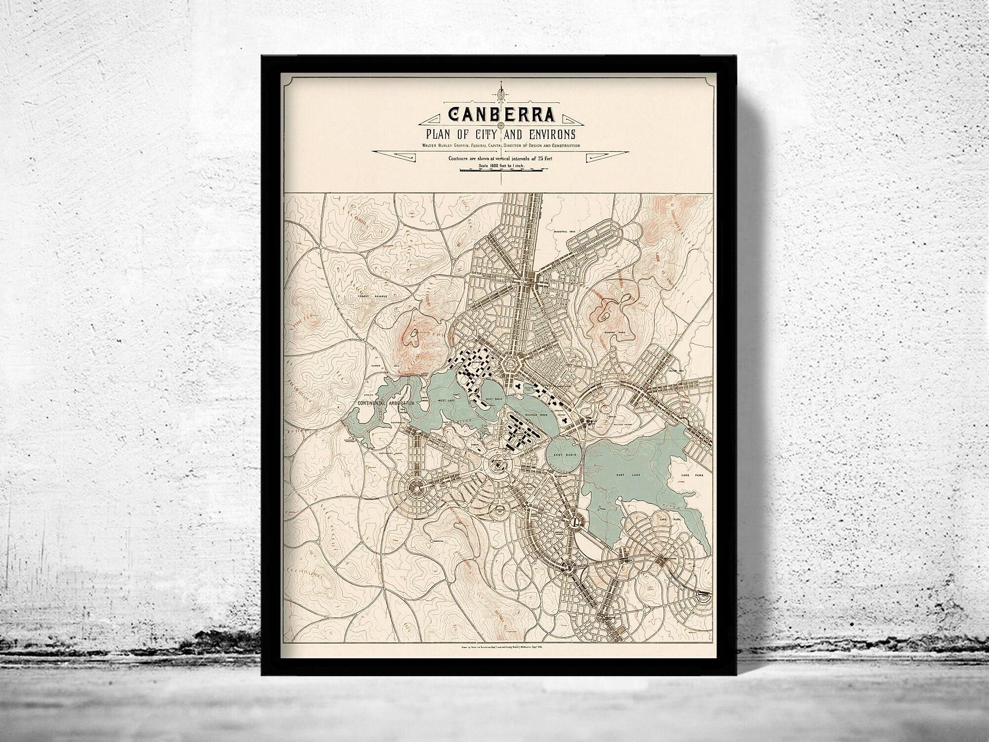Old Map of Canberra City Australia 1918 Vintage Map | Vintage Map Wall Art Print