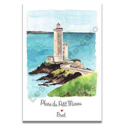 AQUARELLKARTE DES KLEINEN LEUCHTTURMS MINOU IN BREST