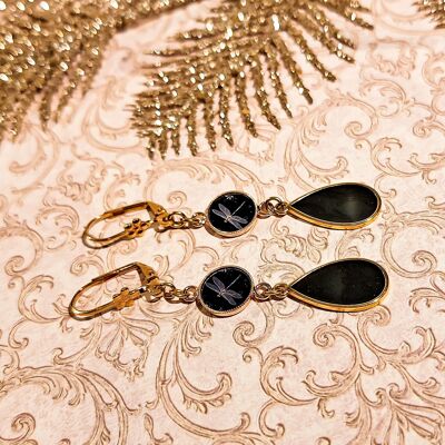 Boucles d’oreilles resine laiton or 24k noir gris libellule gouttes Fête des mères Cadeau Maman Cadeau Maîtresse