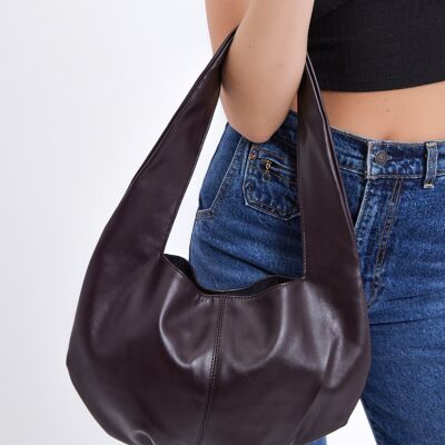 Slouchy Round Faux-Leather Shoulder Bag in Dark Burgundy