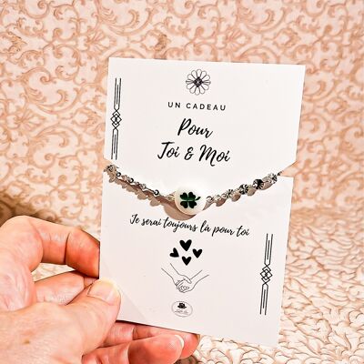 2 Bracelets Duo Perles perle trèfle coeur 4 feuilles chaine Bijou acier inoxydable doré Fête des mères Cadeau Maman