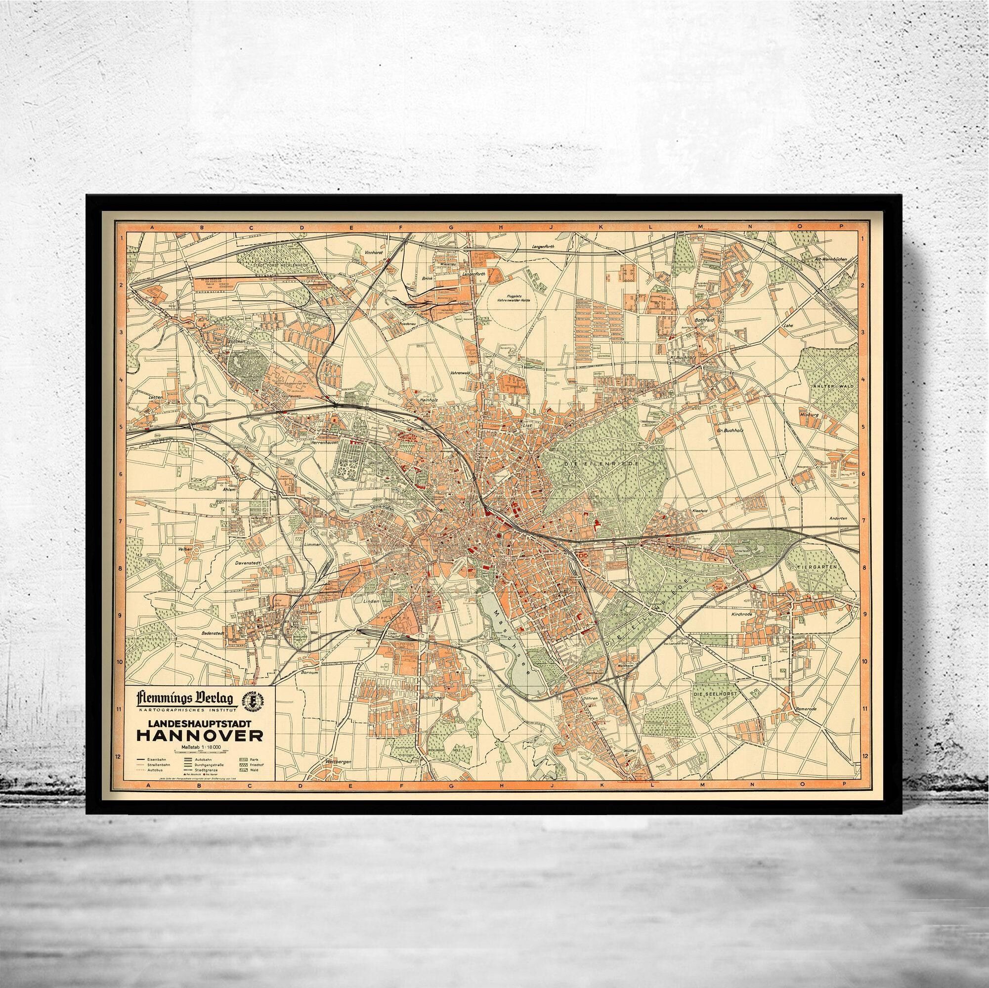 Old Map of Hanover Germany 1949 Hanover  | Vintage Map Wall Art Print