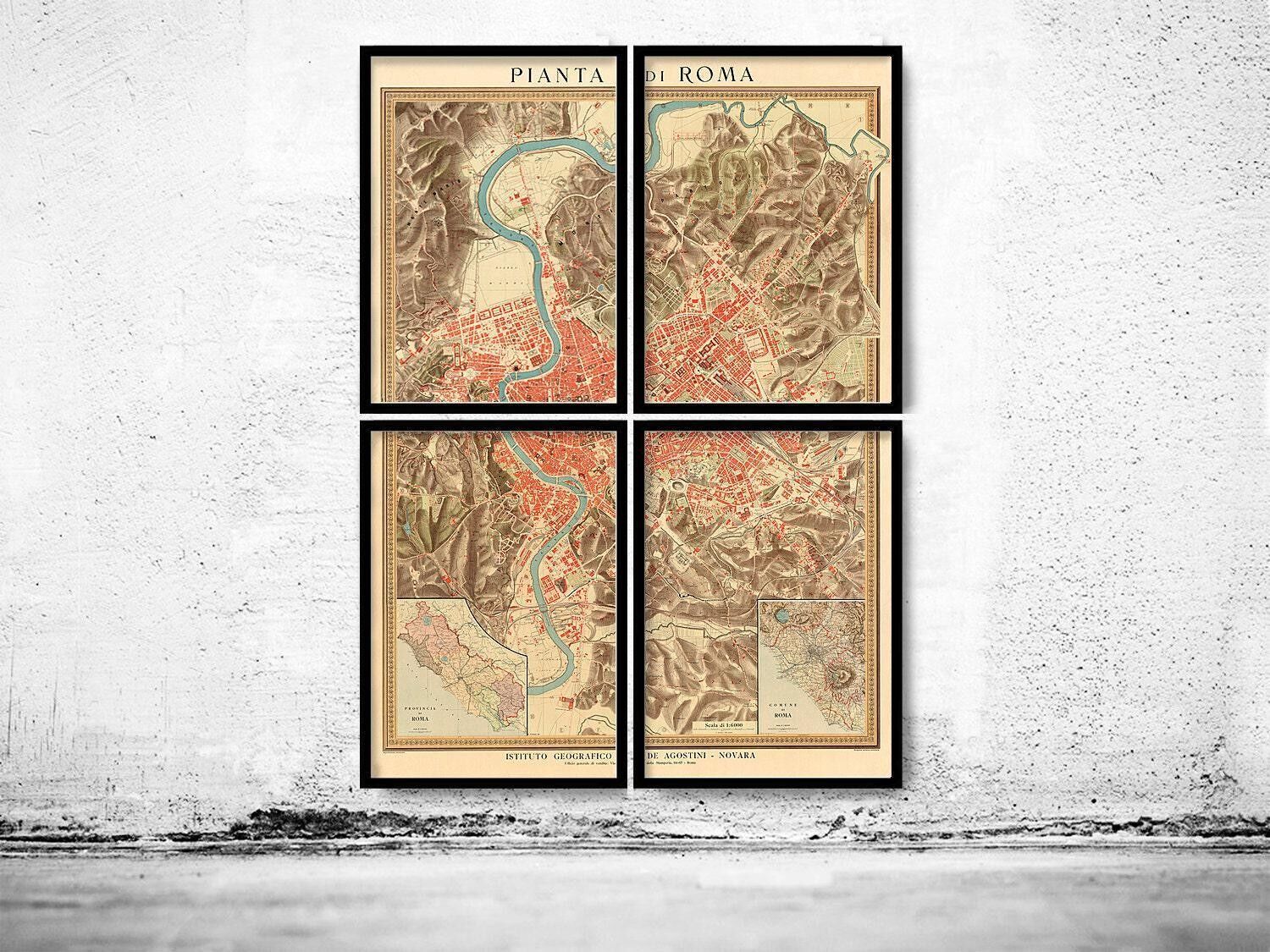 Old Map of Rome Italy 1910 (4 pieces)  | Vintage Map Wall Art Print