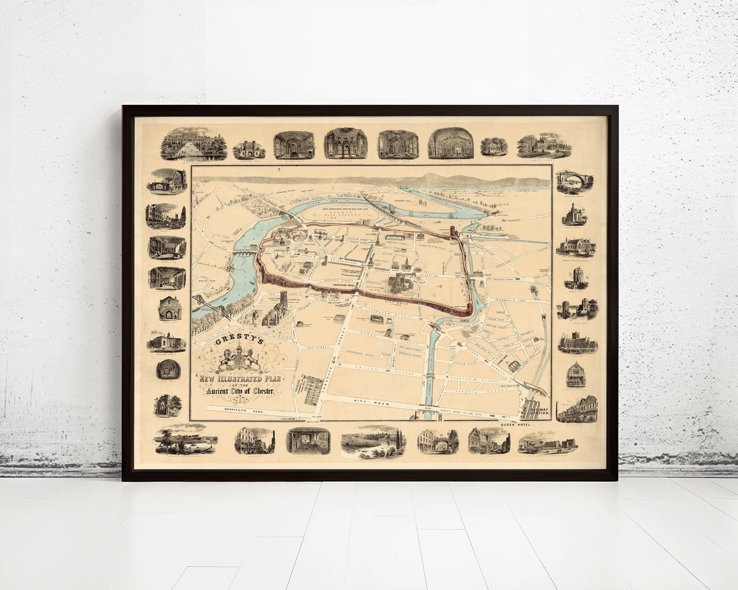 Old Vintage Map of Chester 1900 Ancient City Gales UK Wall Map Print