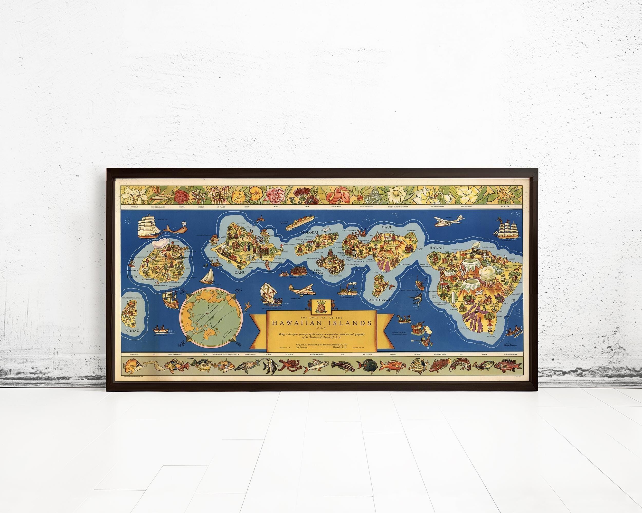 Old Map of Hawaiian Islands 1937 Hawaii Vintage Map | Vintage Map Wall Art Print