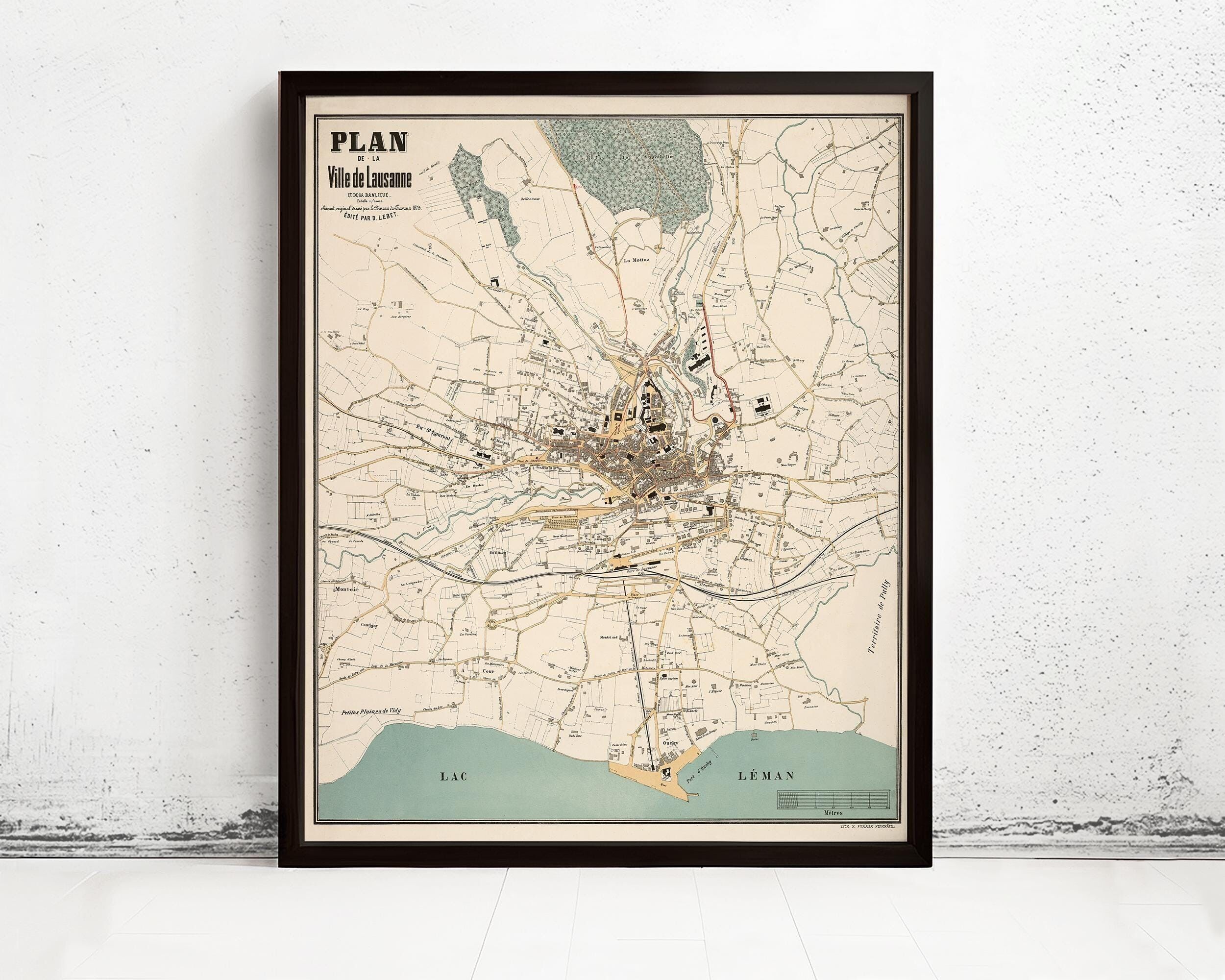 Old Map of Lausanne Switzerland Suisse 1875 Vintage Map | Vintage Map Wall Art Print