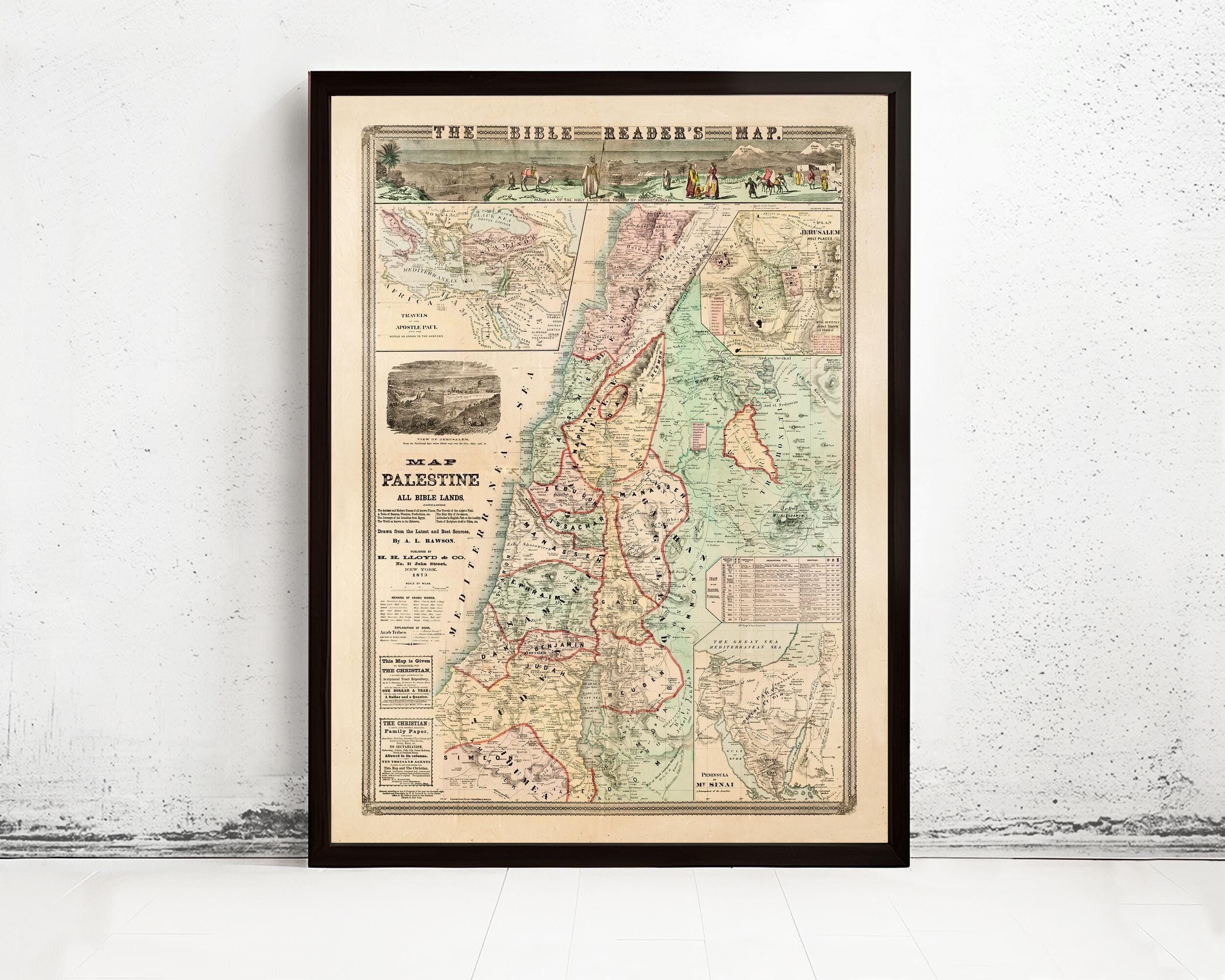 Bible Readers Vintage Map Palestine Jerusalem 1873 Religious Map | Vintage Map Wall Art Print | Large Poster Print | Home Decor Wall Art