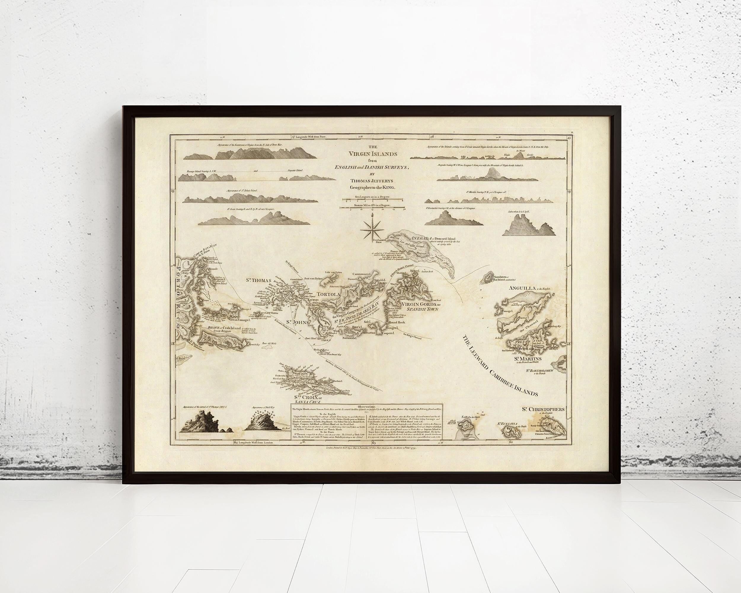Old Map of Virgin Islands 1775 Vintage Map | Vintage Map Wall Art Print