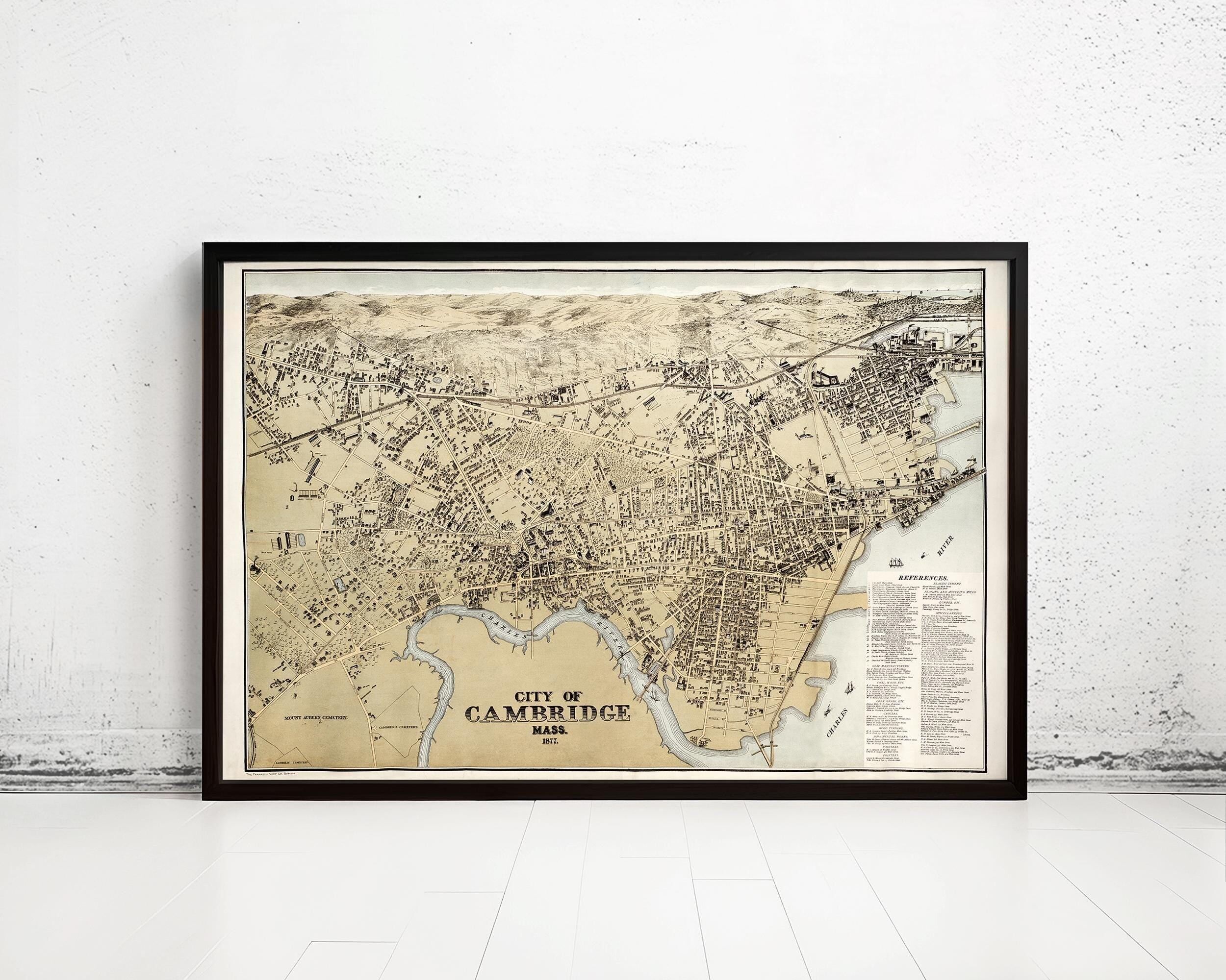 Old Map of Cambridge Massachusetts 1877 Birdseye View Vintage Map | Vintage Map Wall Art Print