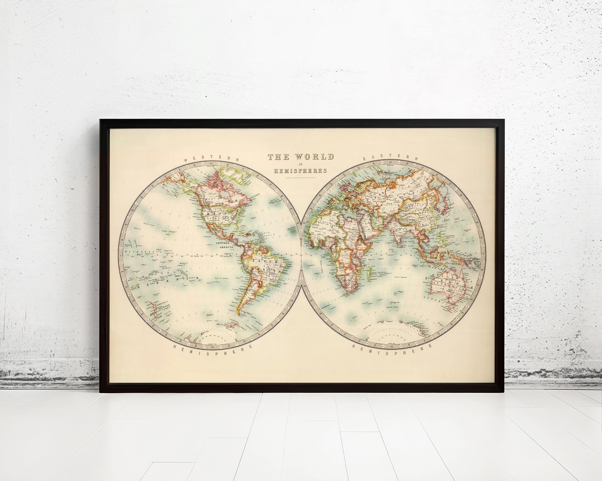 Old World Map Atlas Vintage World Map 1912 Two Hemispheres | World Map Gift World Map Print | Vintage World Map | World Map Wall Art