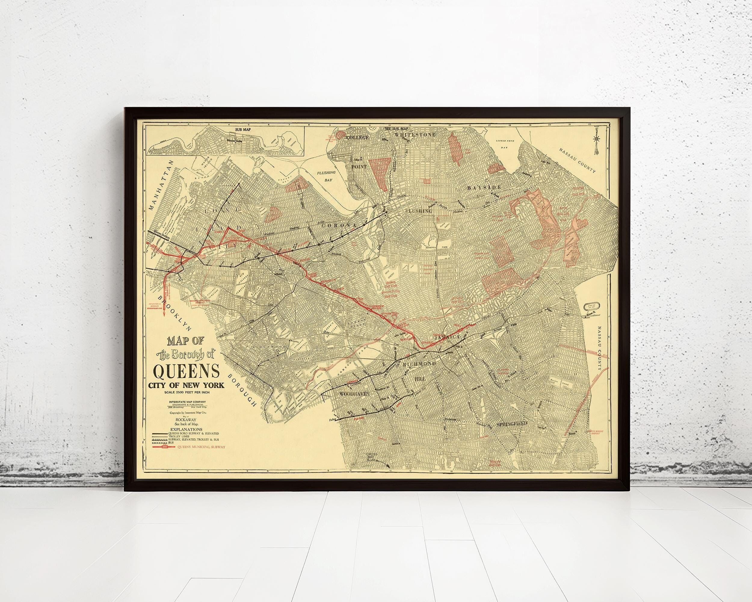 Old Map of Queens New York 1937 Vintage Map | Vintage Map Wall Art Print