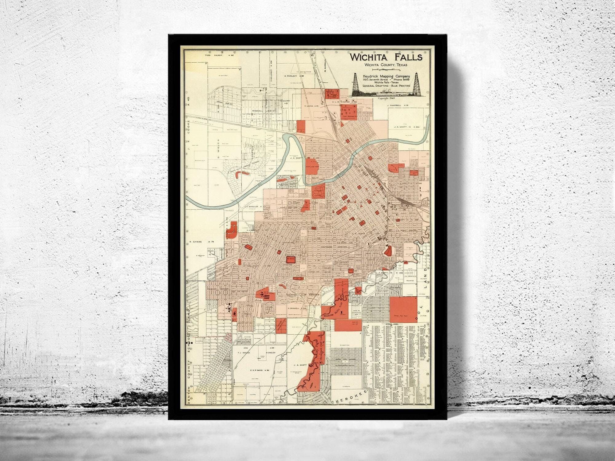 Old map of Wichita Falls Texas 1940 Vintage Map | Vintage Map Wall Art Print