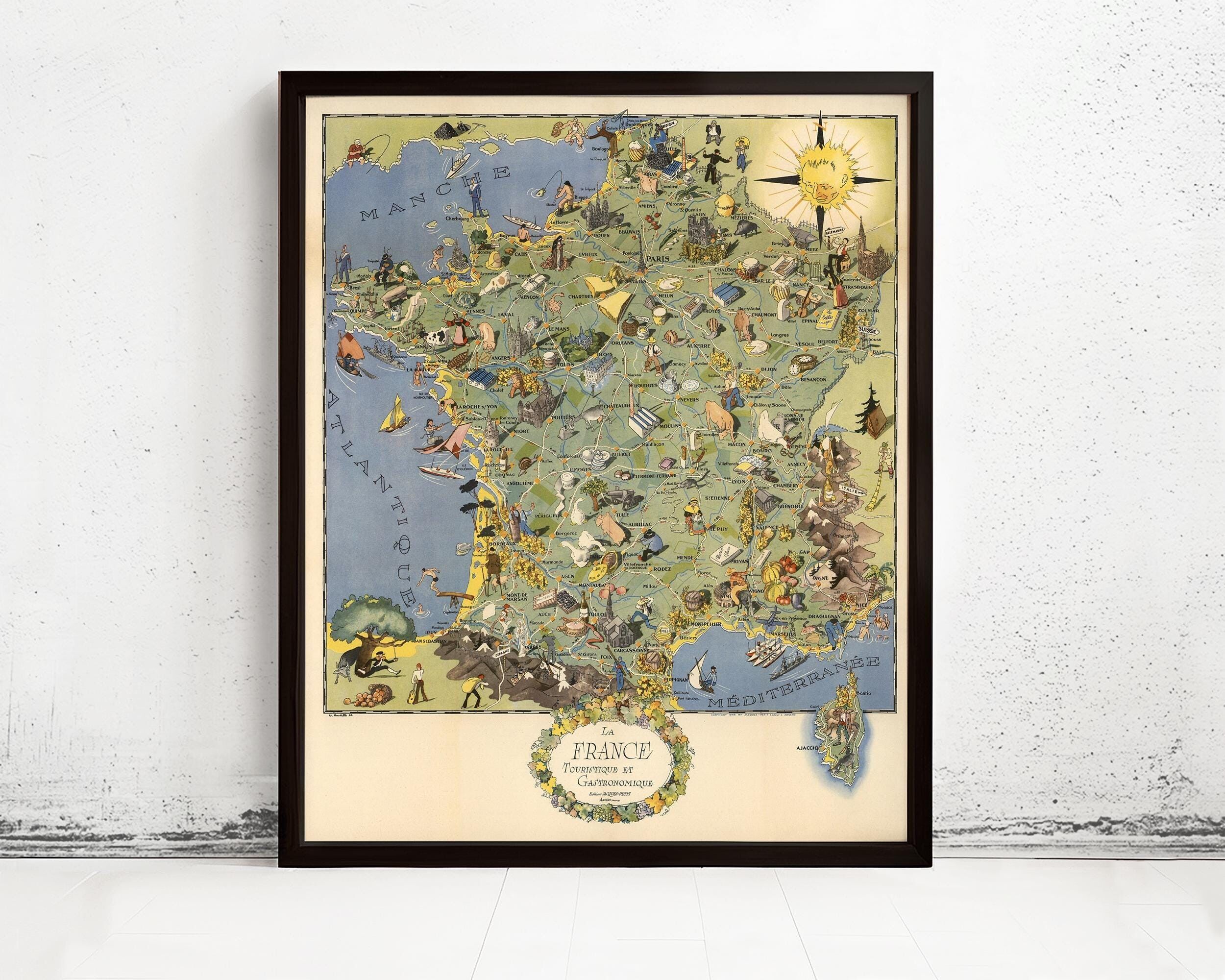 Old Map of France Gastronomy Tourism Poster Vintage Map | Vintage Map Wall Art Print | Large Poster Print | Home Decor Wall Art