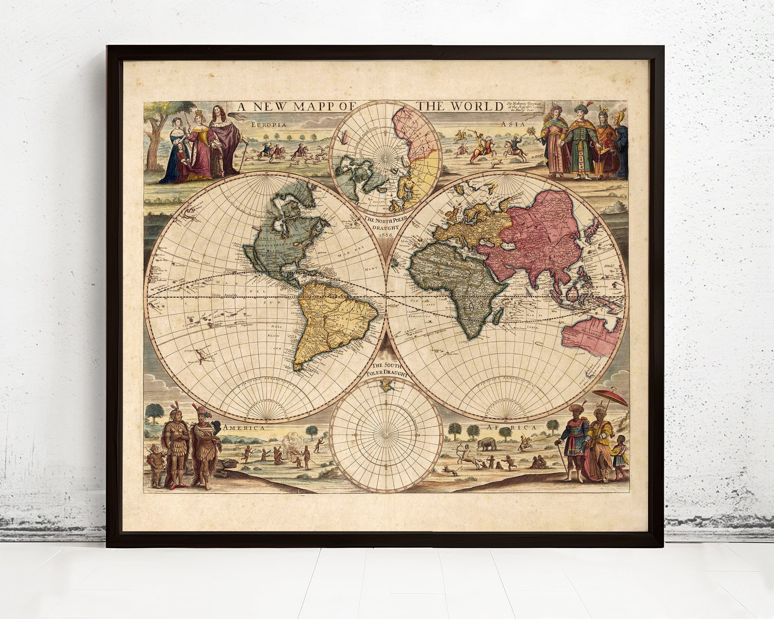 Old World Map 1686 Two Hemispheres Vintage World Map | World Map Gift World Map Print | Vintage World Map | World Map Wall Art