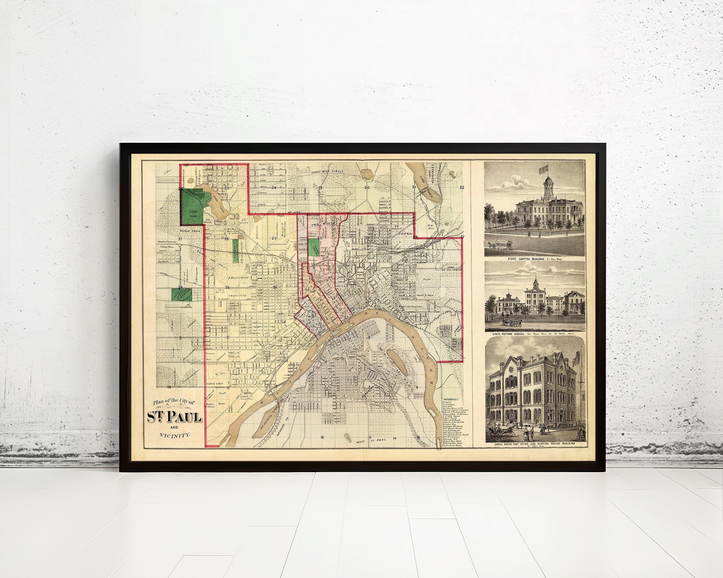 Old map of Saint Paul Minnesota 1874 Vintage Map | Vintage Map Wall Art Print